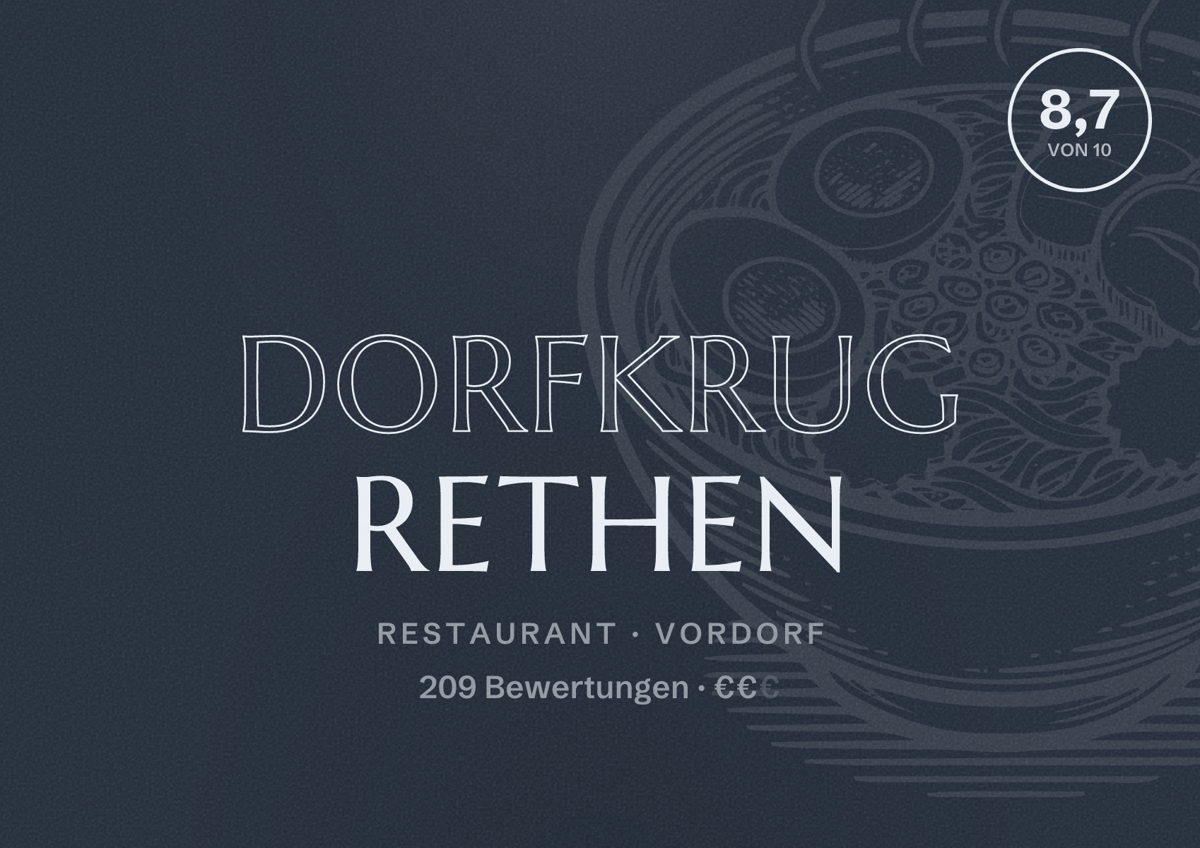 Illustriertes Poster von Dorfkrug Rethen, Restaurant in Vordorf: Bewertung 8,7 von 10 aus 209 Bewertungen, Preisniveau €€
