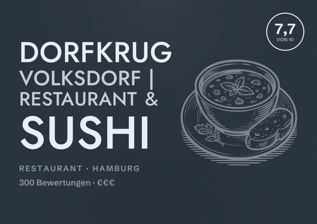 Illustriertes Poster von Dorfkrug Volksdorf | Restaurant & Sushi, Restaurant in Hamburg: Bewertung 7,7 von 10 aus 300 Bewertungen, Preisniveau €€€