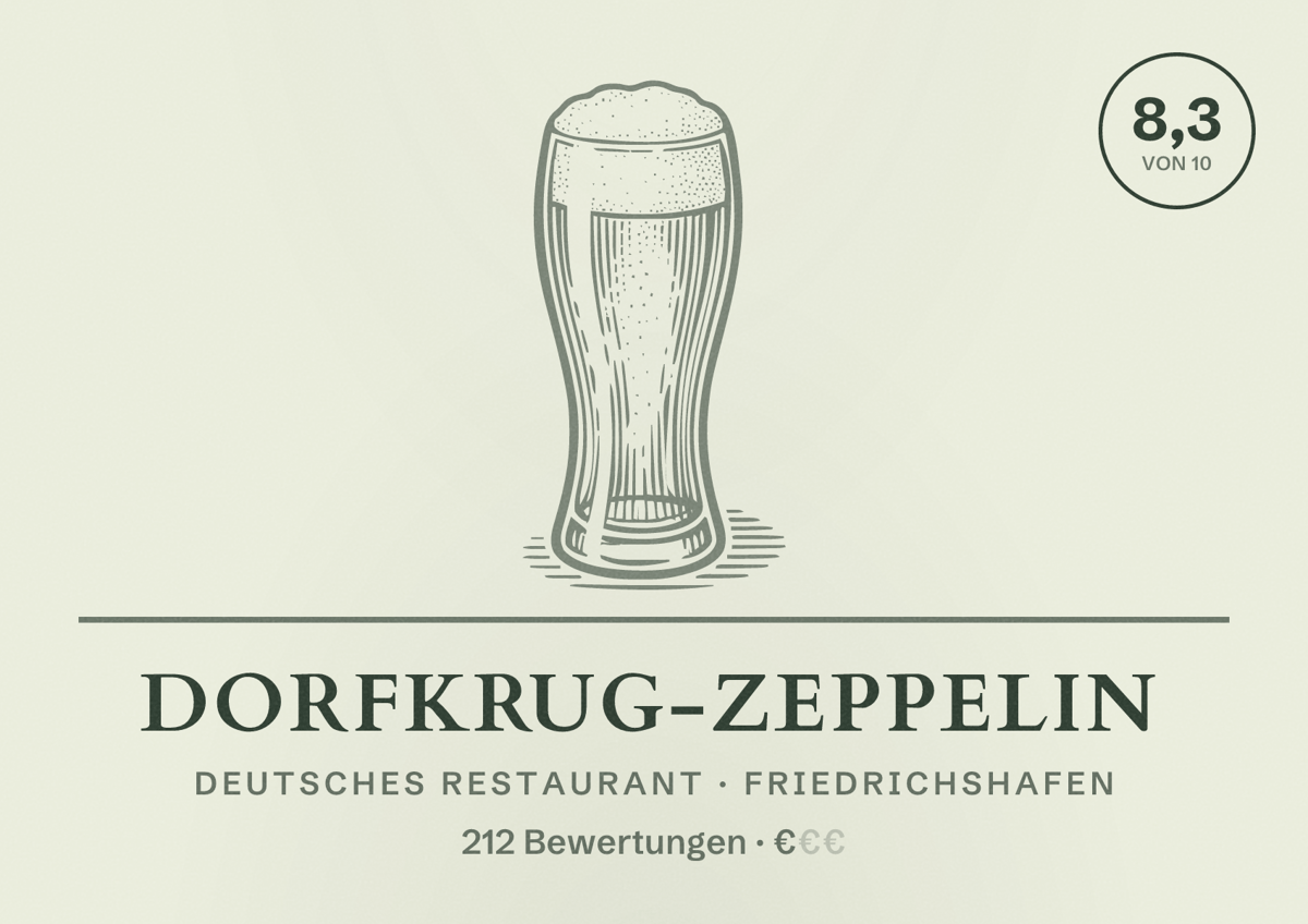 Illustriertes Poster von Dorfkrug-Zeppelin, Deutsches Restaurant in Friedrichshafen: Bewertung 8,3 von 10 aus 212 Bewertungen, Preisniveau €