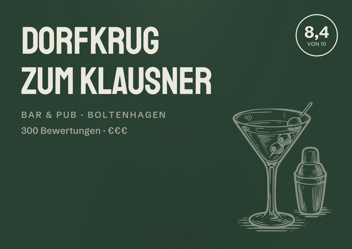 Illustriertes Poster von Dorfkrug Zum Klausner, Bar & Pub in Boltenhagen: Bewertung 8,4 von 10 aus 300 Bewertungen, Preisniveau €€€