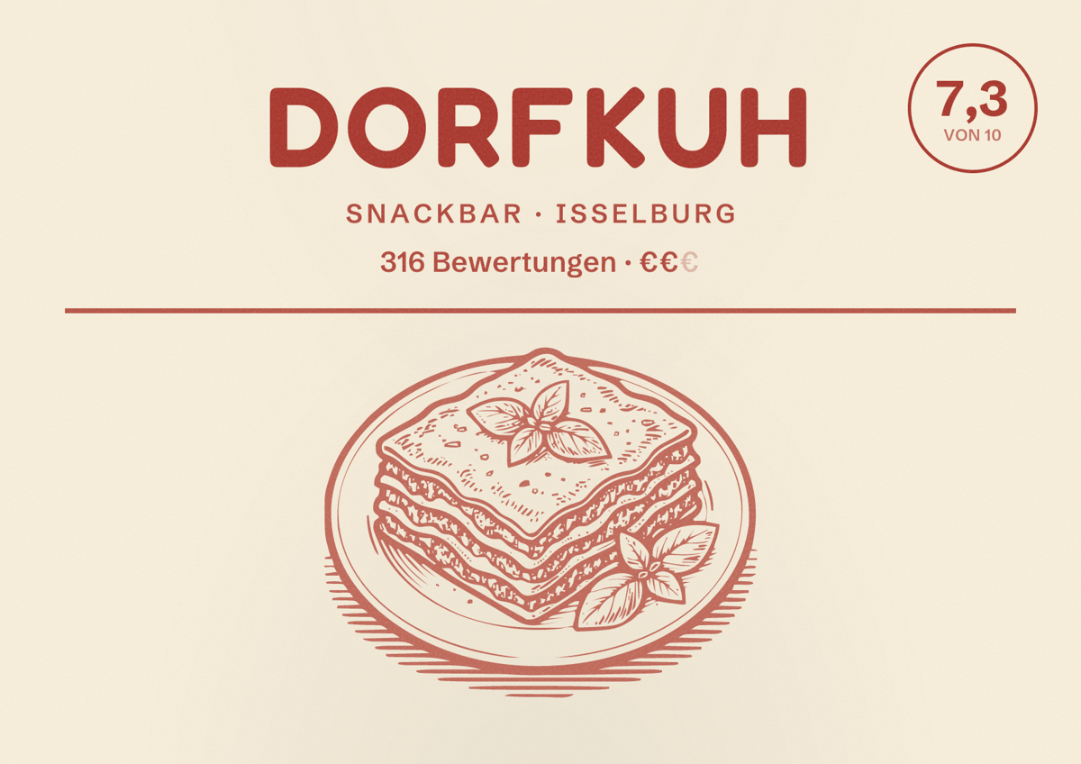 Illustriertes Poster von Dorfkuh, Snackbar in Isselburg: Bewertung 7,3 von 10 aus 316 Bewertungen, Preisniveau €€