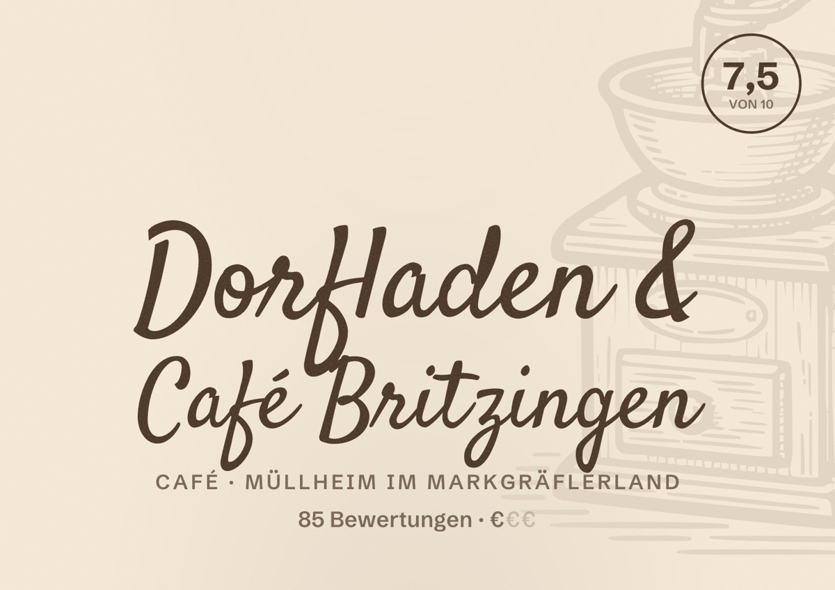 Illustriertes Poster von Dorfladen & Café Britzingen, Café in Müllheim im Markgräflerland: Bewertung 7,5 von 10 aus 85 Bewertungen, Preisniveau €