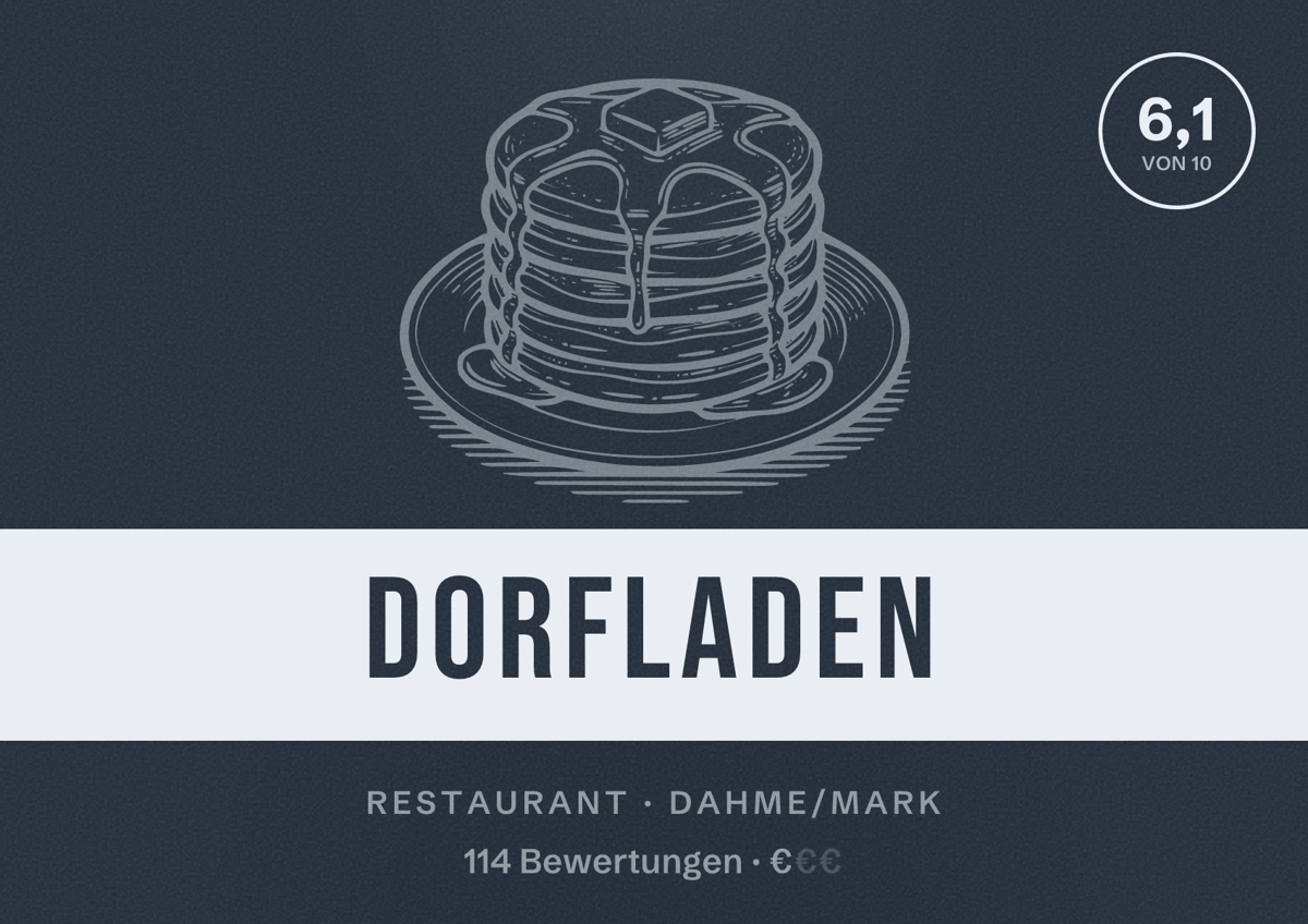 Illustriertes Poster von Dorfladen, Restaurant in Dahme/Mark: Bewertung 6,1 von 10 aus 114 Bewertungen, Preisniveau €