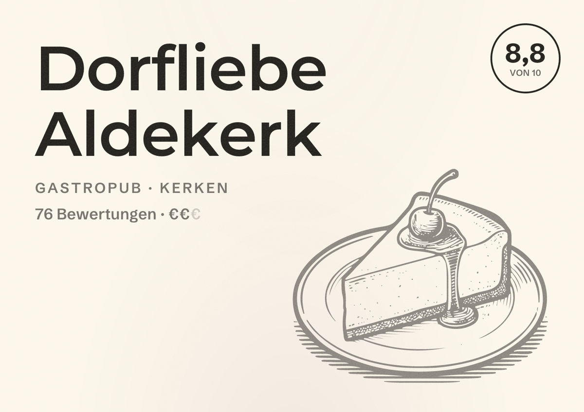 Illustriertes Poster von Dorfliebe Aldekerk, Gastropub in Kerken: Bewertung 8,8 von 10 aus 76 Bewertungen, Preisniveau €€