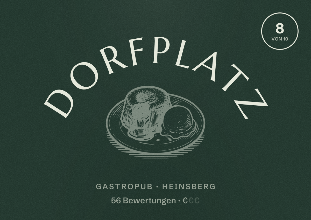Illustriertes Poster von Dorfplatz, Gastropub in Heinsberg: Bewertung 8 von 10 aus 56 Bewertungen, Preisniveau €