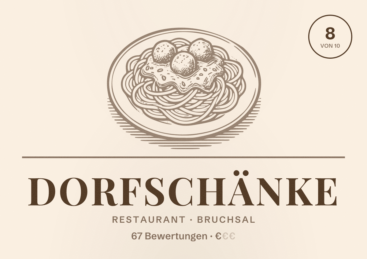 Illustriertes Poster von Dorfschänke, Restaurant in Bruchsal: Bewertung 8 von 10 aus 67 Bewertungen, Preisniveau €