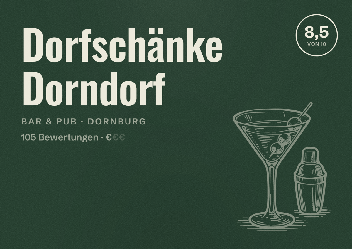 Illustriertes Poster von Dorfschänke Dorndorf, Bar & Pub in Dornburg: Bewertung 8,5 von 10 aus 105 Bewertungen, Preisniveau €