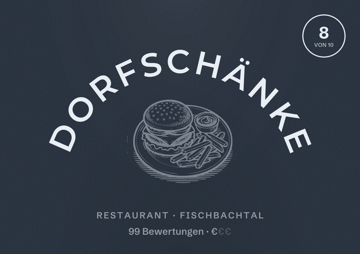 Illustriertes Poster von Dorfschänke, Restaurant in Fischbachtal: Bewertung 8 von 10 aus 99 Bewertungen, Preisniveau €
