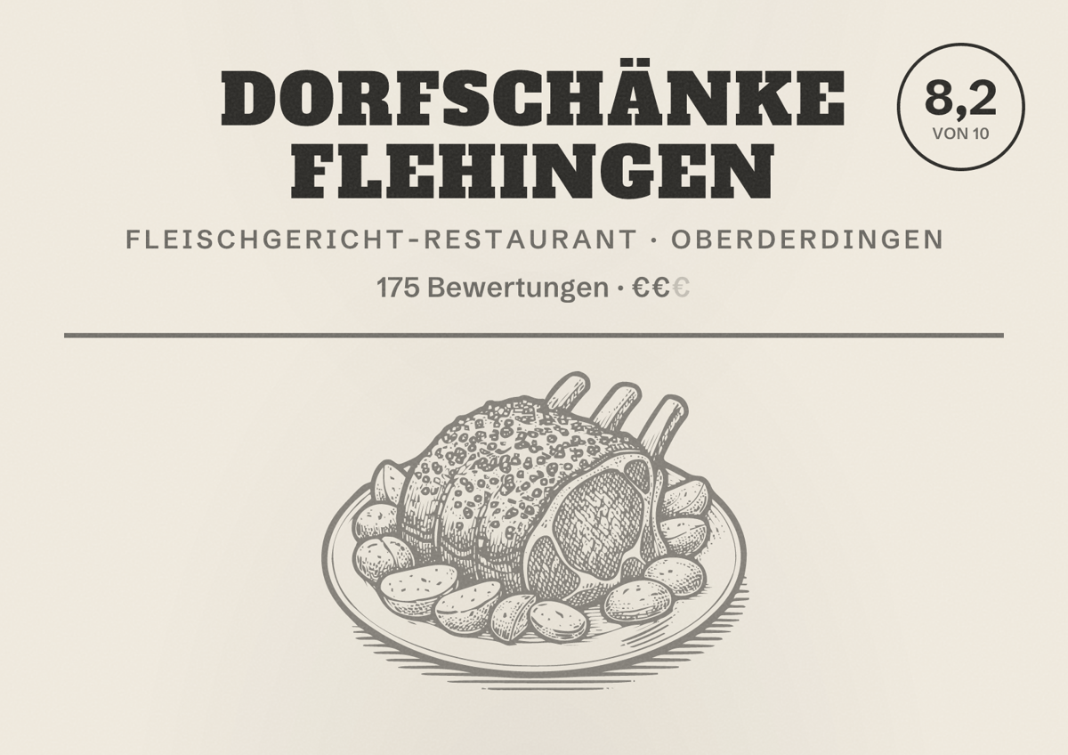 Illustriertes Poster von Dorfschänke Flehingen, Fleischgericht-Restaurant in Oberderdingen: Bewertung 8,2 von 10 aus 175 Bewertungen, Preisniveau €€