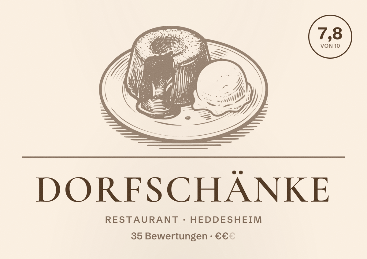 Illustriertes Poster von Dorfschänke, Restaurant in Heddesheim: Bewertung 7,8 von 10 aus 35 Bewertungen, Preisniveau €€