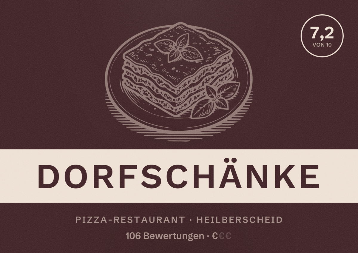 Illustriertes Poster von Dorfschänke, Pizza-Restaurant in Heilberscheid: Bewertung 7,2 von 10 aus 106 Bewertungen, Preisniveau €