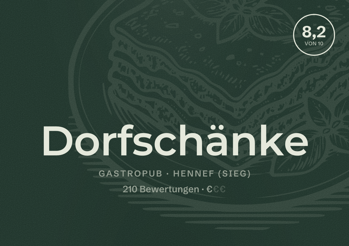 Illustriertes Poster von Dorfschänke, Gastropub in Hennef (Sieg): Bewertung 8,2 von 10 aus 210 Bewertungen, Preisniveau €