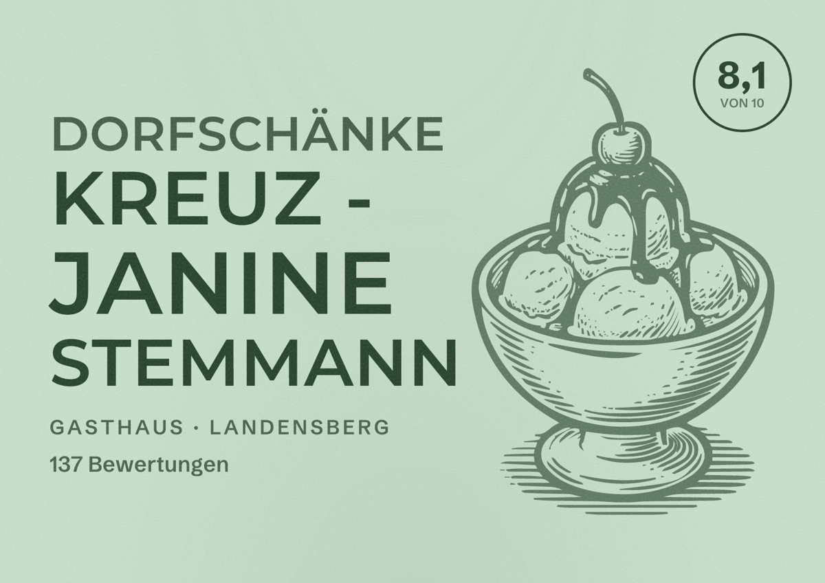 Illustriertes Poster von Dorfschänke Kreuz - Janine Stemmann, Gasthaus in Landensberg: Bewertung 8,1 von 10 aus 137 Bewertungen