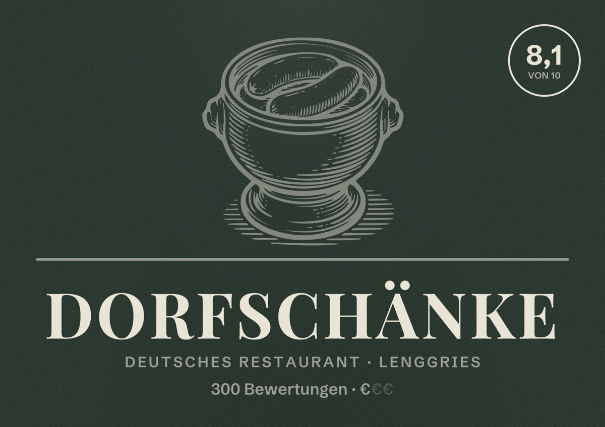 Illustriertes Poster von Dorfschänke, Deutsches Restaurant in Lenggries: Bewertung 8,1 von 10 aus 300 Bewertungen, Preisniveau €