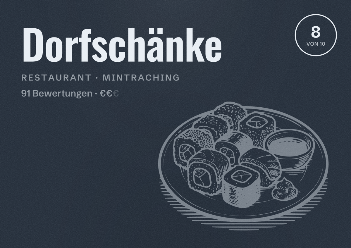Illustriertes Poster von Dorfschänke, Restaurant in Mintraching: Bewertung 8 von 10 aus 91 Bewertungen, Preisniveau €€