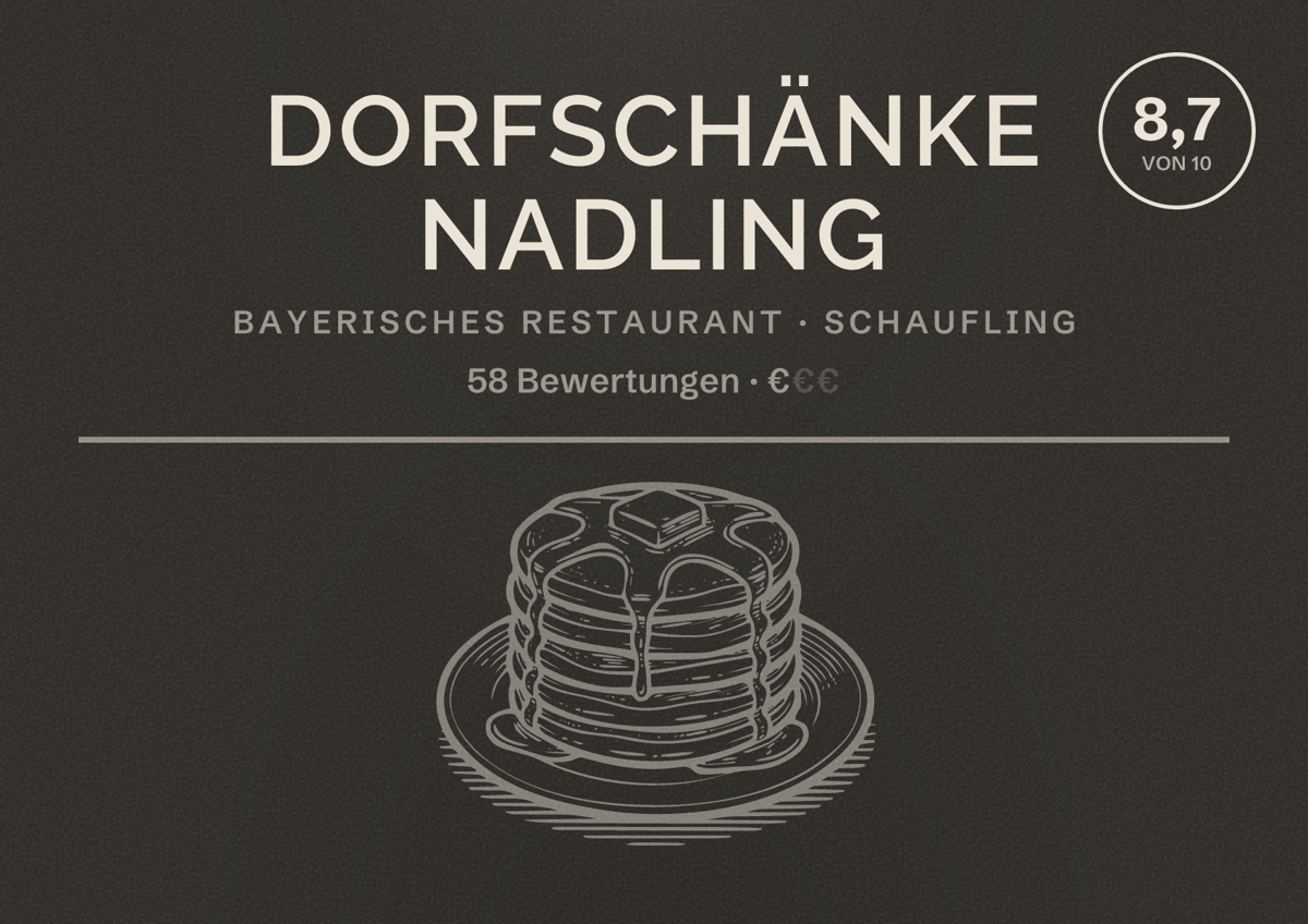 Illustriertes Poster von Dorfschänke Nadling, Bayerisches Restaurant in Schaufling: Bewertung 8,7 von 10 aus 58 Bewertungen, Preisniveau €