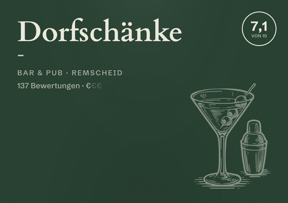 Illustriertes Poster von Dorfschänke -, Bar & Pub in Remscheid: Bewertung 7,1 von 10 aus 137 Bewertungen, Preisniveau €