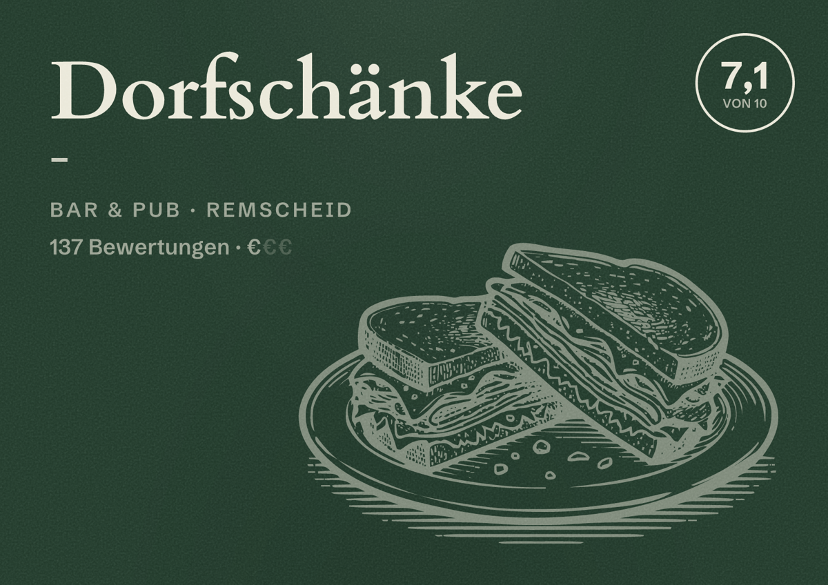 Illustriertes Poster von Dorfschänke -, Bar & Pub in Remscheid: Bewertung 7,1 von 10 aus 137 Bewertungen, Preisniveau €