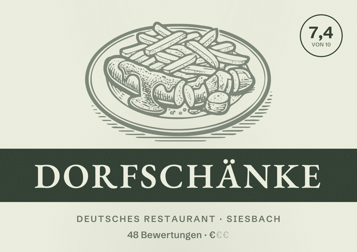 Illustriertes Poster von Dorfschänke, Deutsches Restaurant in Siesbach: Bewertung 7,4 von 10 aus 48 Bewertungen, Preisniveau €