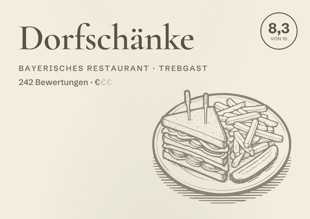 Illustriertes Poster von Dorfschänke, Bayerisches Restaurant in Trebgast: Bewertung 8,3 von 10 aus 242 Bewertungen, Preisniveau €