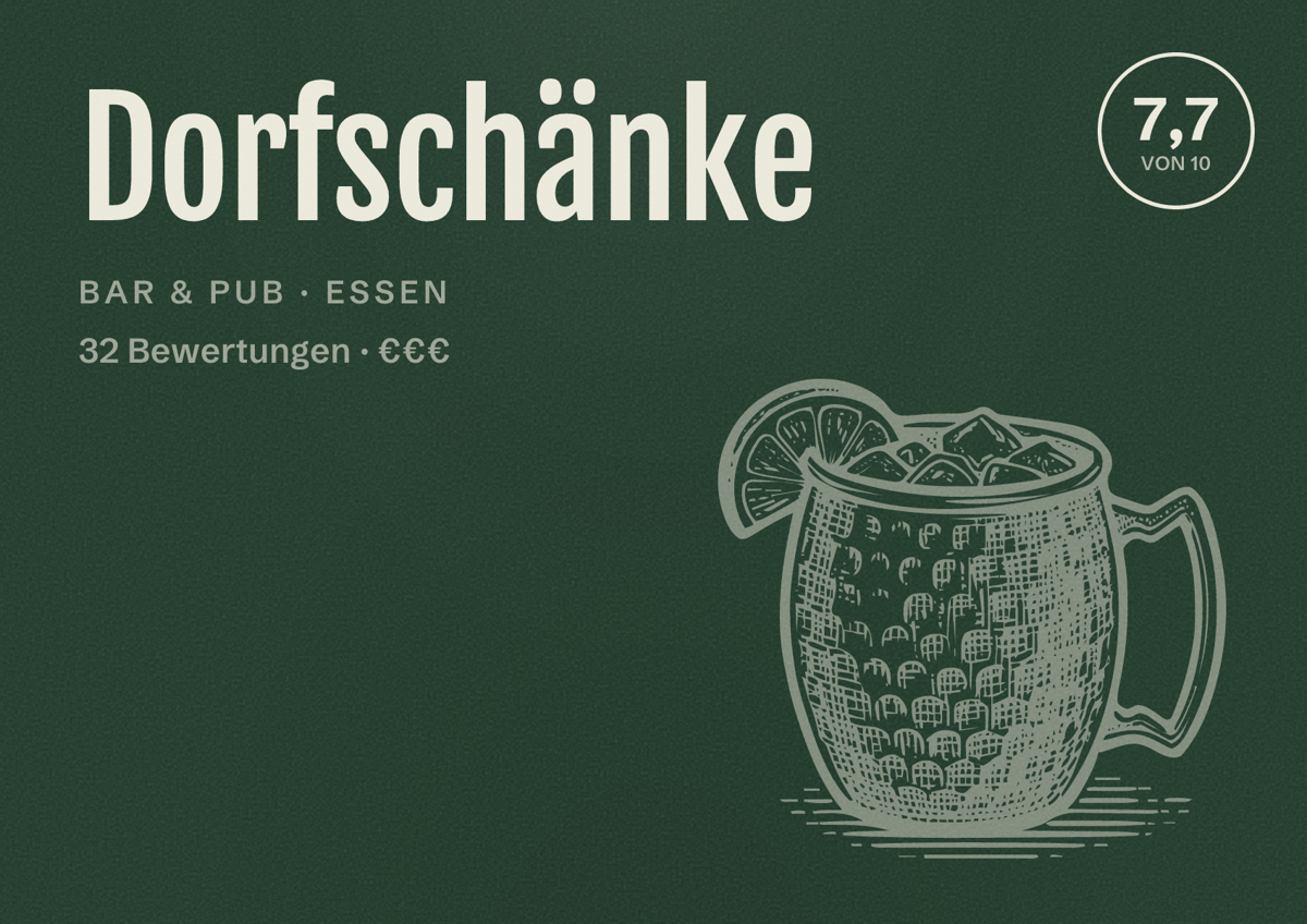 Illustriertes Poster von Dorfschänke, Bar & Pub in Essen: Bewertung 7,7 von 10 aus 32 Bewertungen, Preisniveau €€€