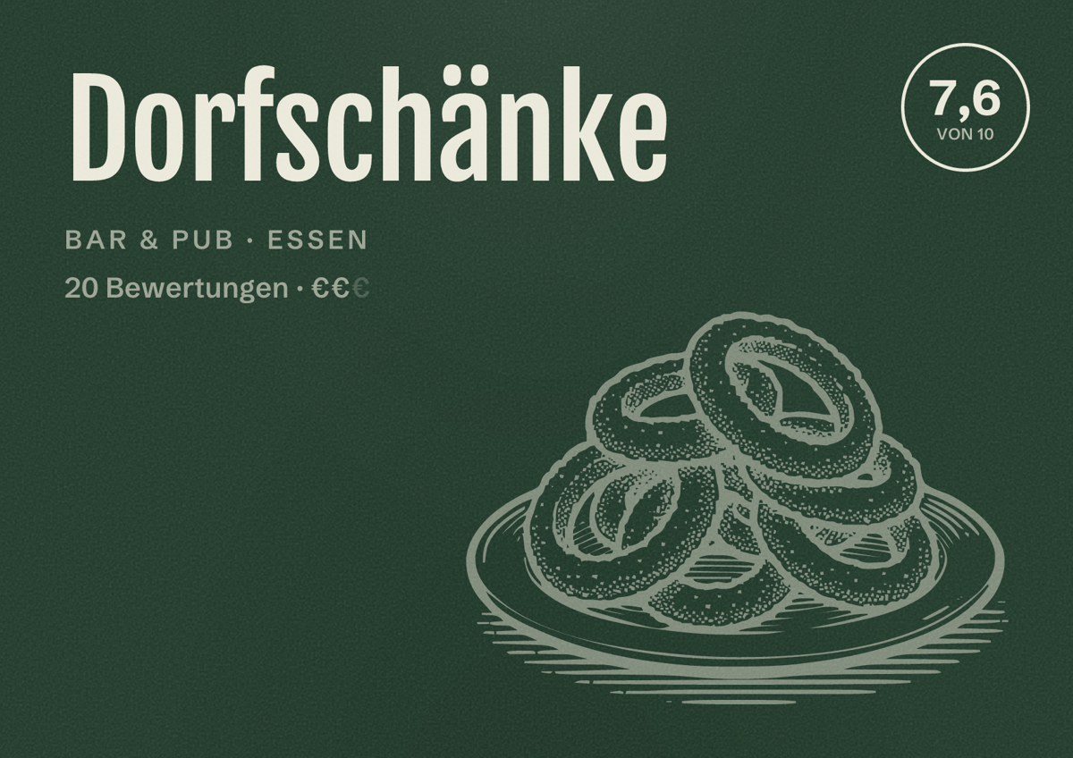 Illustriertes Poster von Dorfschänke, Bar & Pub in Essen: Bewertung 7,6 von 10 aus 20 Bewertungen, Preisniveau €€