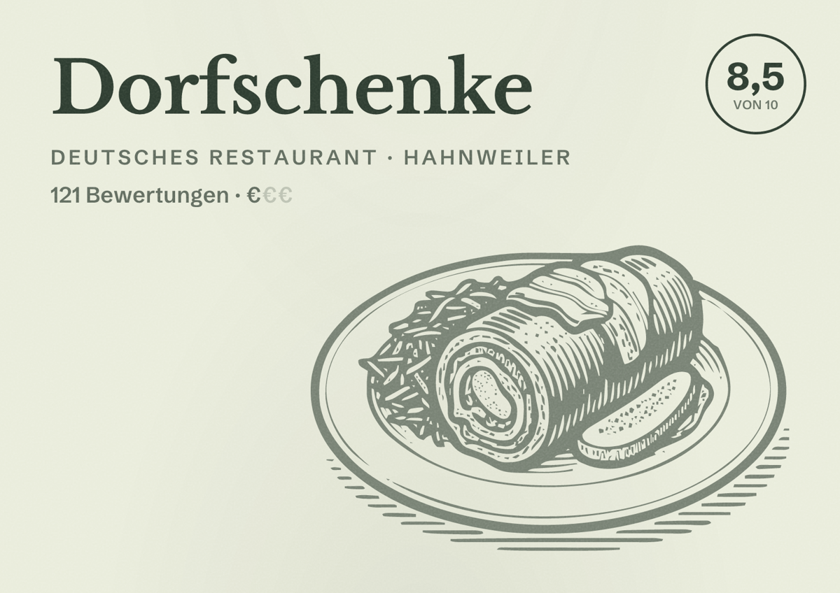 Illustriertes Poster von Dorfschenke, Deutsches Restaurant in Hahnweiler: Bewertung 8,5 von 10 aus 121 Bewertungen, Preisniveau €