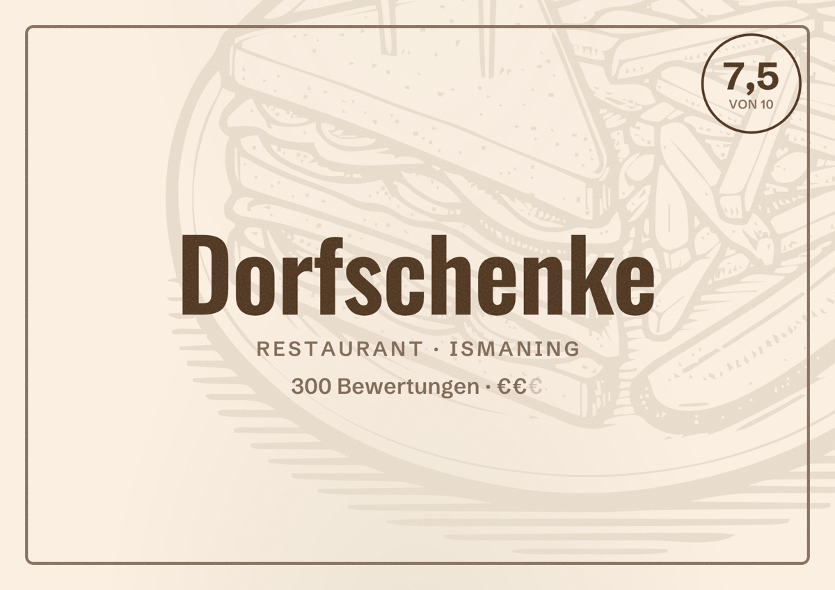 Illustriertes Poster von Dorfschenke, Restaurant in Ismaning: Bewertung 7,5 von 10 aus 300 Bewertungen, Preisniveau €€