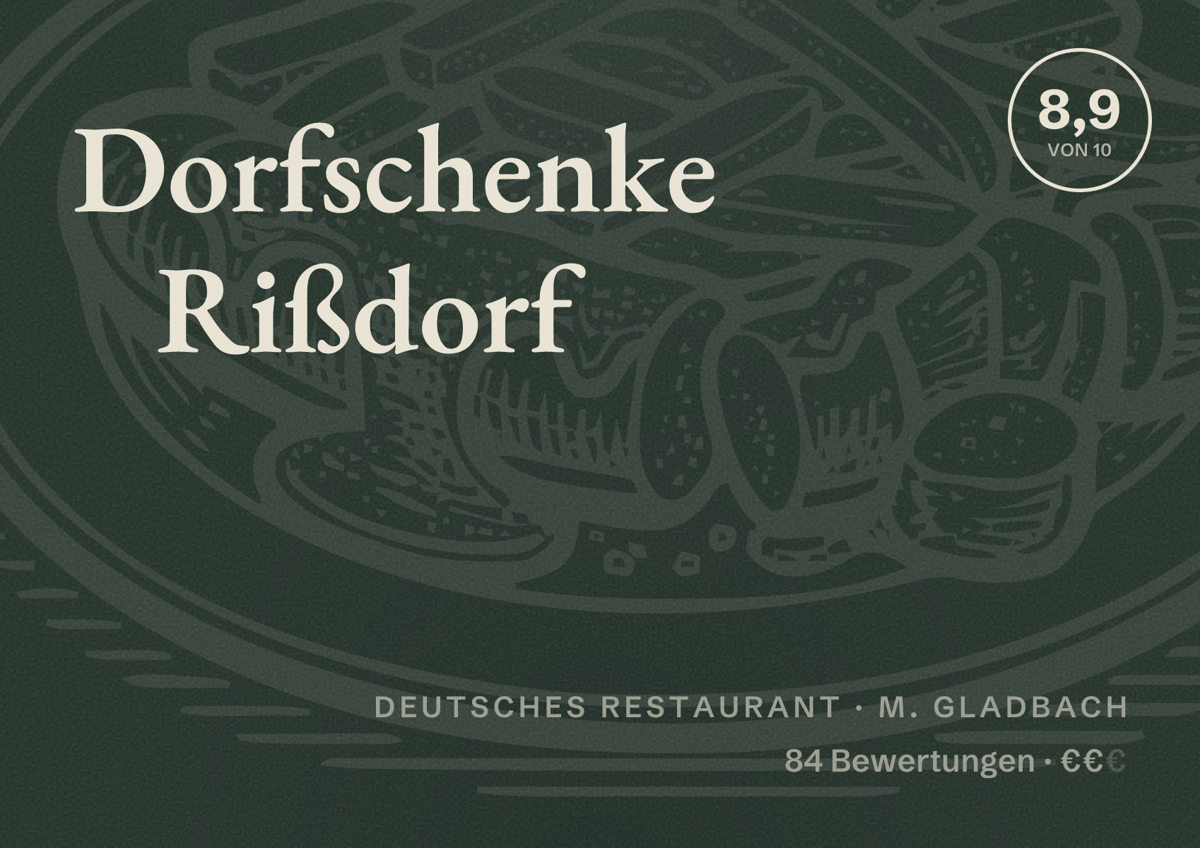 Illustriertes Poster von Dorfschenke Rißdorf, Deutsches Restaurant in M. Gladbach: Bewertung 8,9 von 10 aus 84 Bewertungen, Preisniveau €€