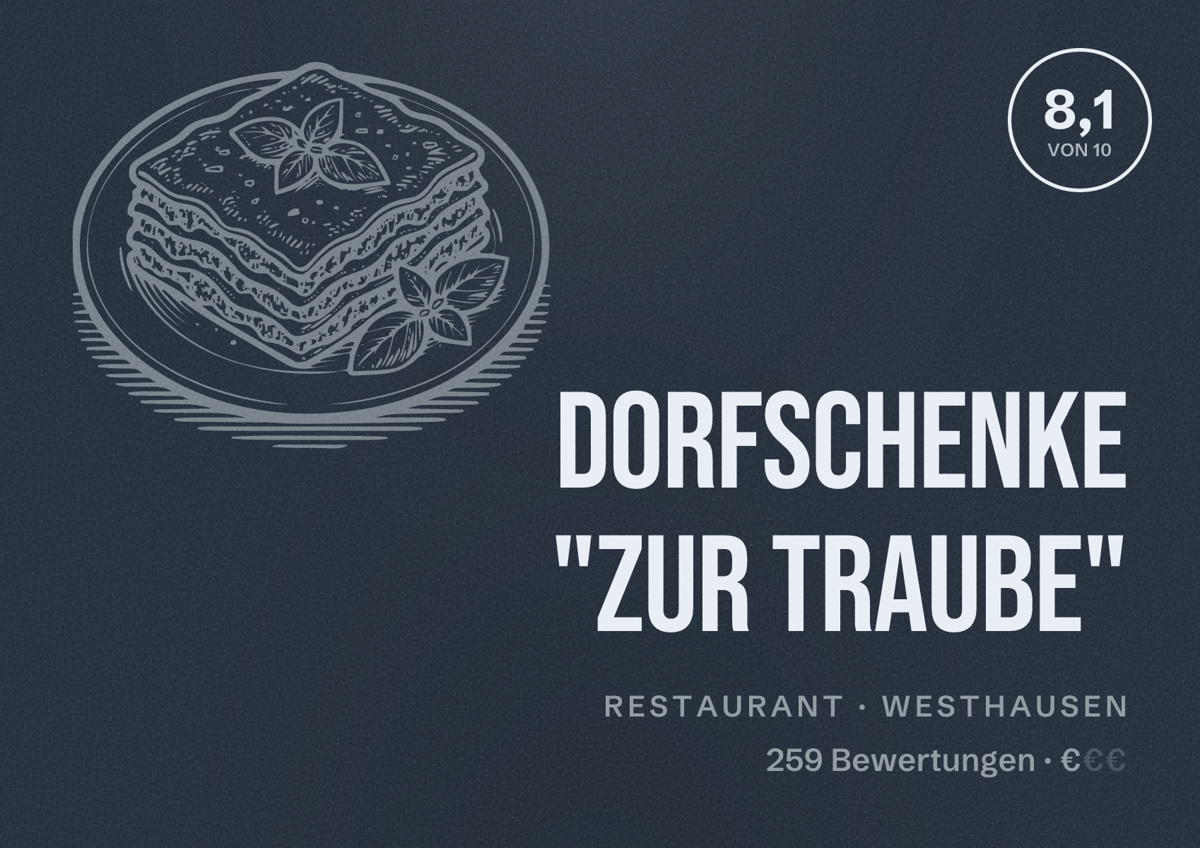 Illustriertes Poster von Dorfschenke "Zur Traube", Restaurant in Westhausen: Bewertung 8,1 von 10 aus 259 Bewertungen, Preisniveau €