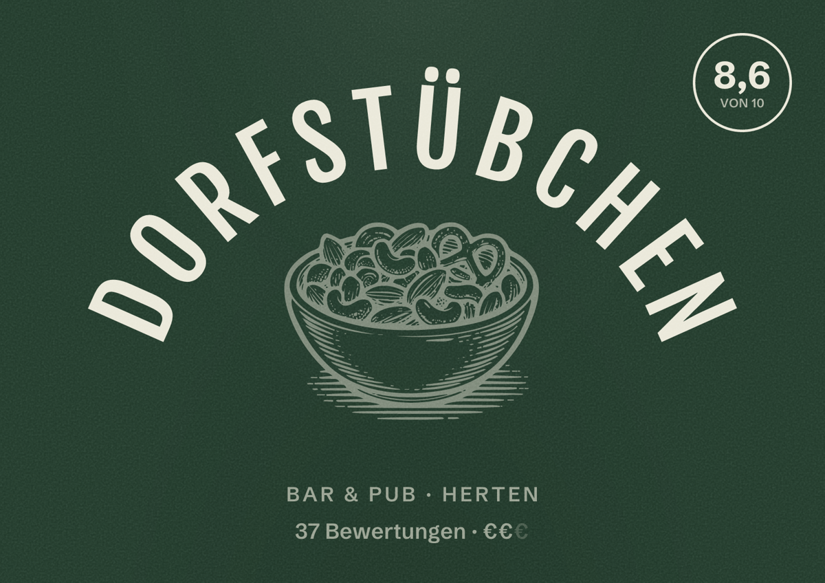 Illustriertes Poster von Dorfstübchen, Bar & Pub in Herten: Bewertung 8,6 von 10 aus 37 Bewertungen, Preisniveau €€