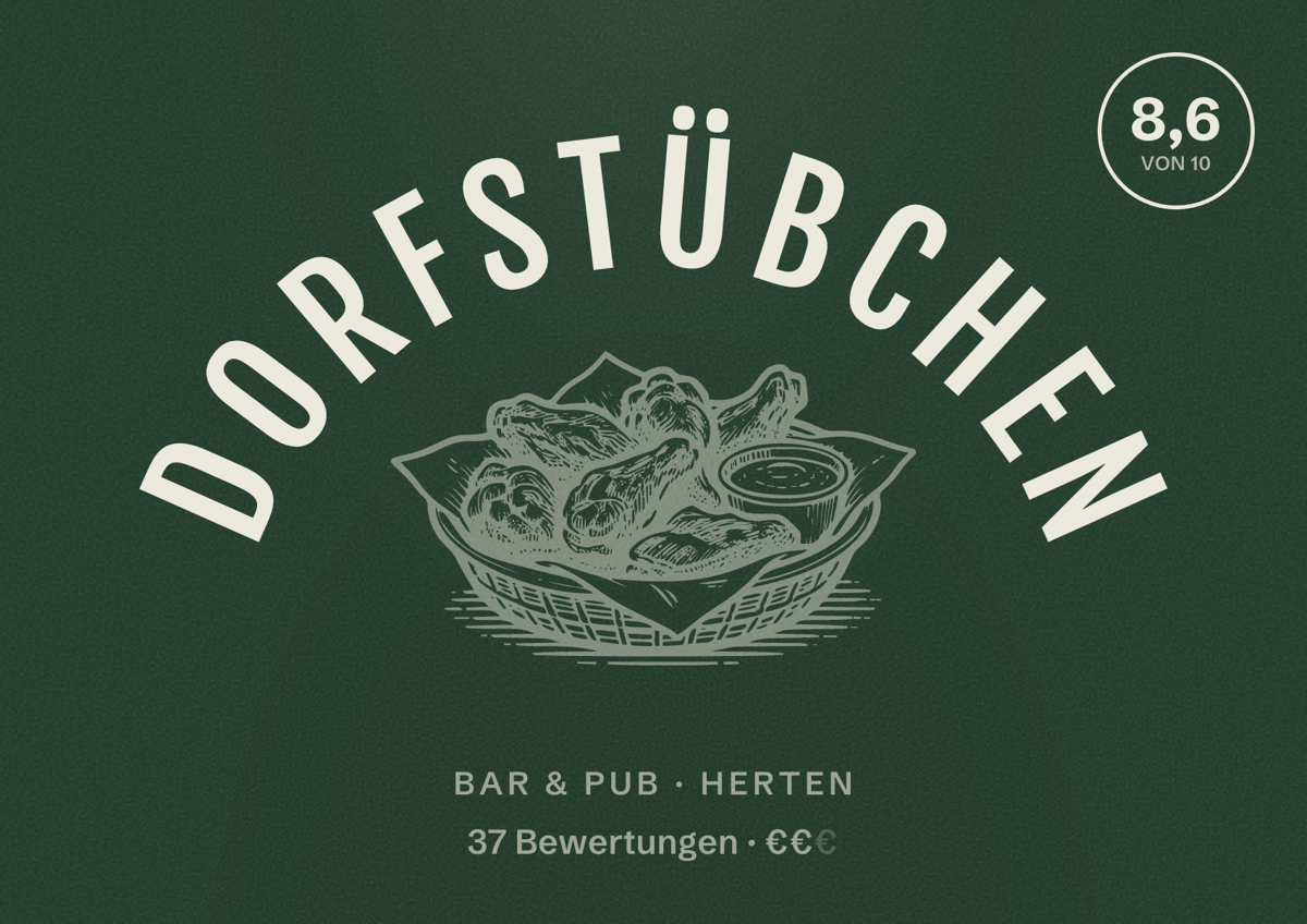Illustriertes Poster von Dorfstübchen, Bar & Pub in Herten: Bewertung 8,6 von 10 aus 37 Bewertungen, Preisniveau €€