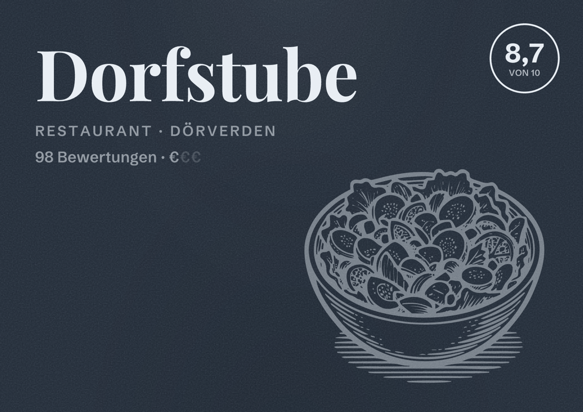 Illustriertes Poster von Dorfstube, Restaurant in Dörverden: Bewertung 8,7 von 10 aus 98 Bewertungen, Preisniveau €