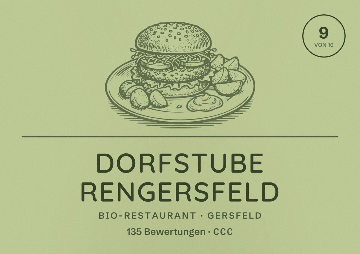 Illustriertes Poster von Dorfstube Rengersfeld, Bio-Restaurant in Gersfeld: Bewertung 9 von 10 aus 135 Bewertungen, Preisniveau €€€