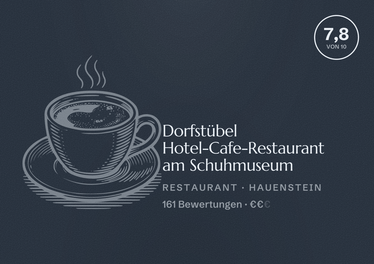 Illustriertes Poster von Dorfstübel Hotel-Cafe-Restaurant am Schuhmuseum, Restaurant in Hauenstein: Bewertung 7,8 von 10 aus 161 Bewertungen, Preisniveau €€
