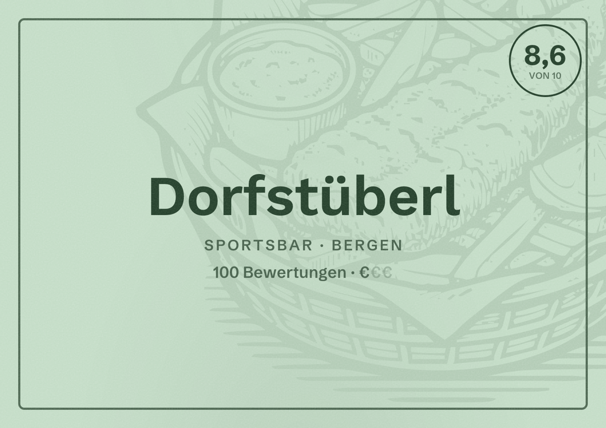 Illustriertes Poster von Dorfstüberl, Sportsbar in Bergen: Bewertung 8,6 von 10 aus 100 Bewertungen, Preisniveau €