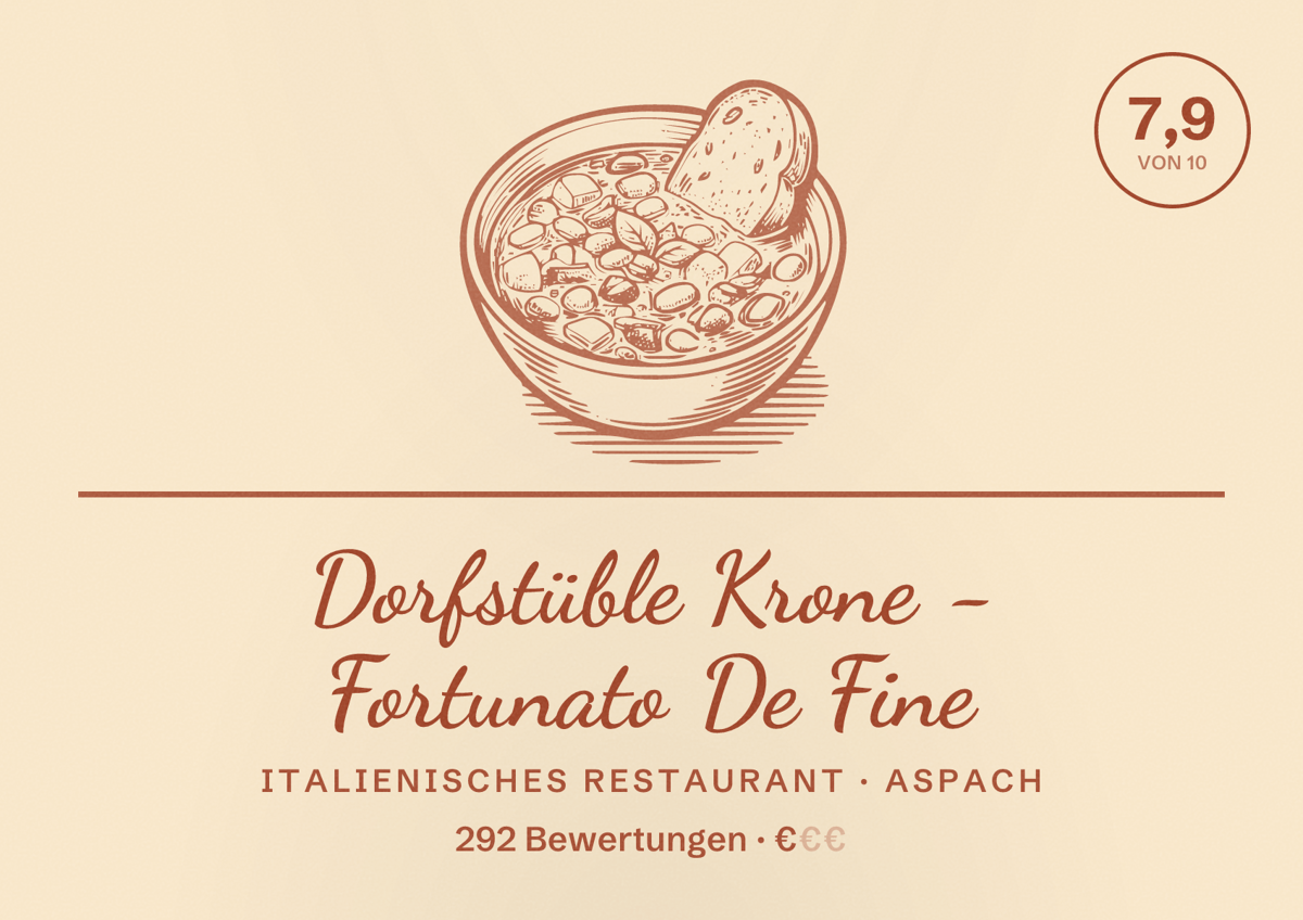 Illustriertes Poster von Dorfstüble Krone - Fortunato De Fine, Italienisches Restaurant in Aspach: Bewertung 7,9 von 10 aus 292 Bewertungen, Preisniveau €