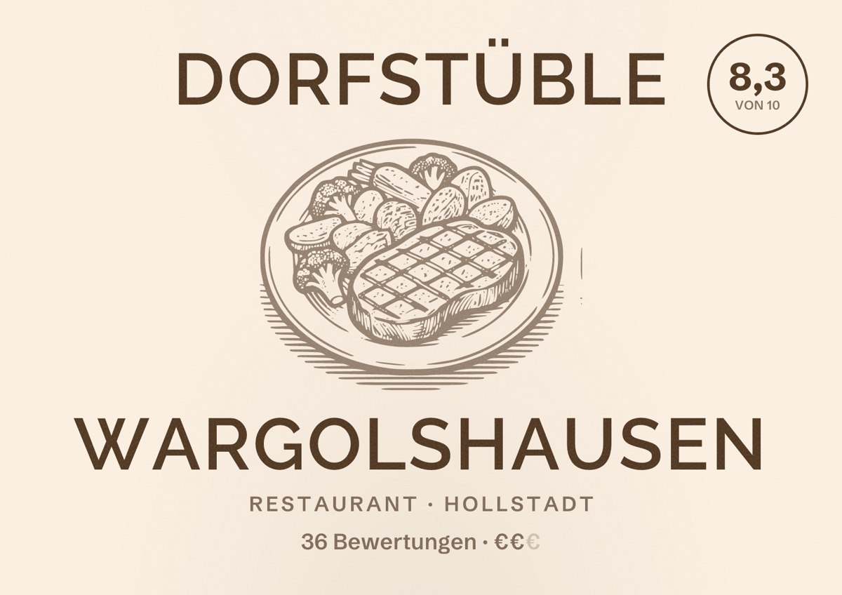 Illustriertes Poster von Dorfstüble Wargolshausen, Restaurant in Hollstadt: Bewertung 8,3 von 10 aus 36 Bewertungen, Preisniveau €€