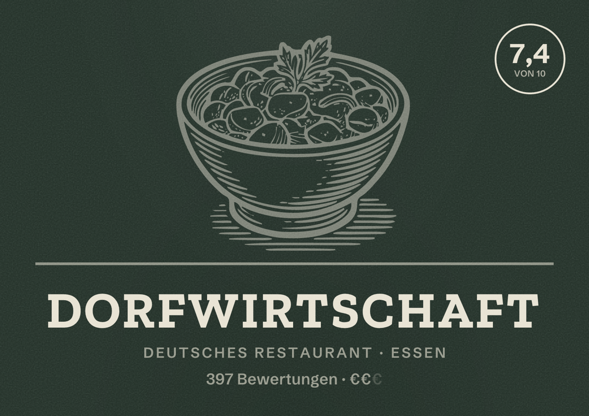 Illustriertes Poster von Dorfwirtschaft, Deutsches Restaurant in Essen: Bewertung 7,4 von 10 aus 397 Bewertungen, Preisniveau €€