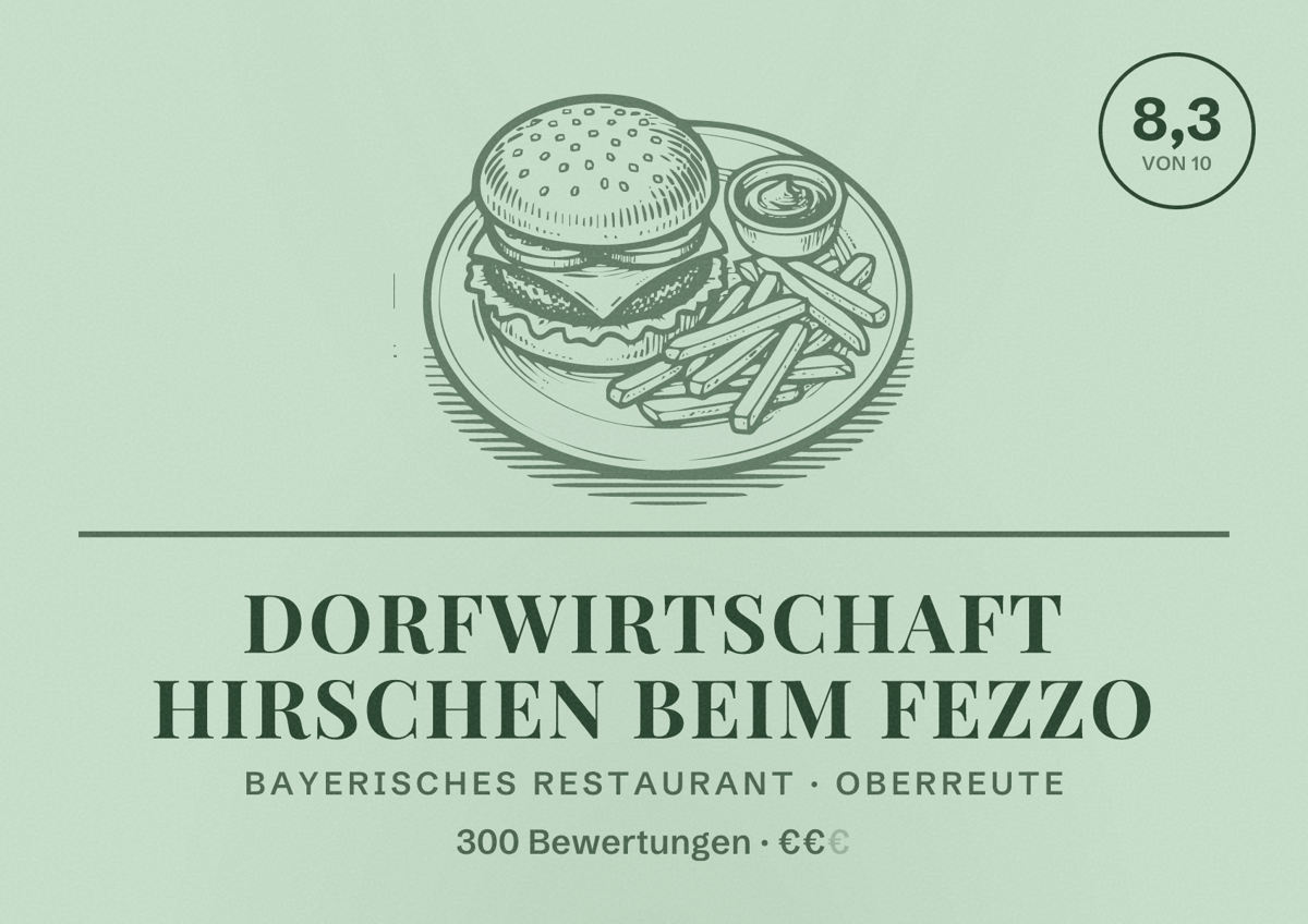 Illustriertes Poster von Dorfwirtschaft HIRSCHEN beim FEZZO, Bayerisches Restaurant in Oberreute: Bewertung 8,3 von 10 aus 300 Bewertungen, Preisniveau €€