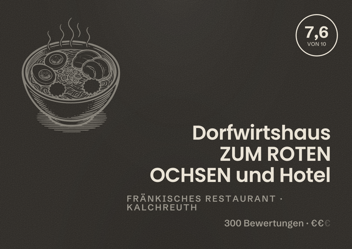 Illustriertes Poster von Dorfwirtshaus ZUM ROTEN OCHSEN und Hotel, Fränkisches Restaurant in Kalchreuth: Bewertung 7,6 von 10 aus 300 Bewertungen, Preisniveau €€