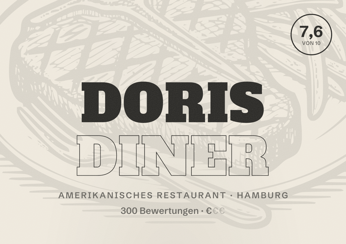 Illustriertes Poster von Doris Diner, Amerikanisches Restaurant in Hamburg: Bewertung 7,6 von 10 aus 300 Bewertungen, Preisniveau €