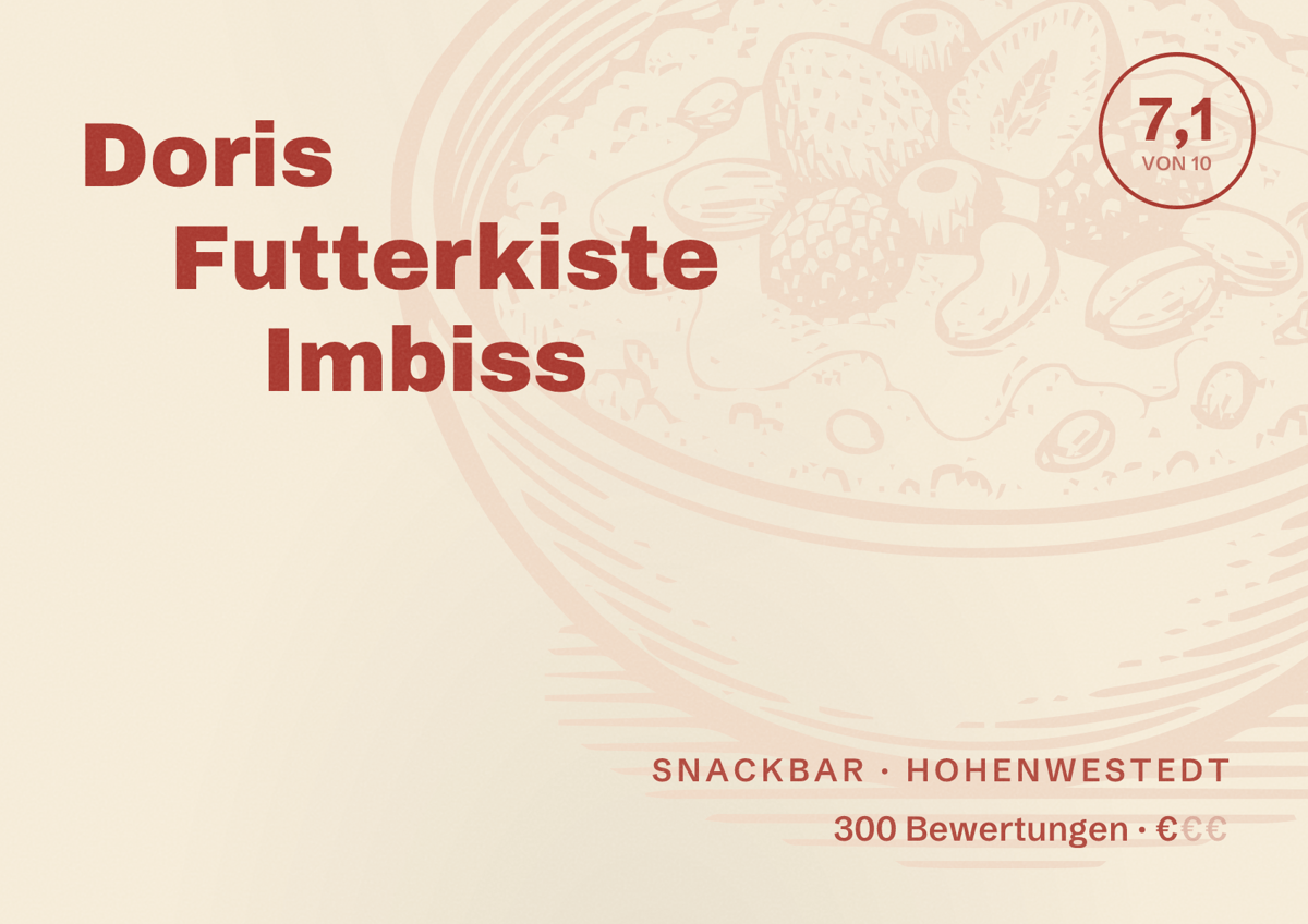 Illustriertes Poster von Doris Futterkiste Imbiss, Snackbar in Hohenwestedt: Bewertung 7,1 von 10 aus 300 Bewertungen, Preisniveau €