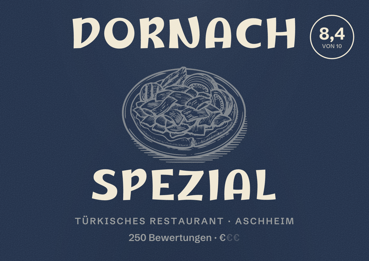 Illustriertes Poster von Dornach Spezial, Türkisches Restaurant in Aschheim: Bewertung 8,4 von 10 aus 250 Bewertungen, Preisniveau €