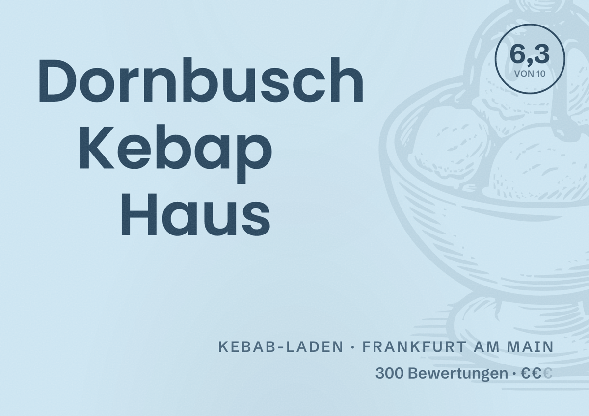 Illustriertes Poster von Dornbusch Kebap Haus, Kebab-Laden in Frankfurt am Main: Bewertung 6,3 von 10 aus 300 Bewertungen, Preisniveau €€