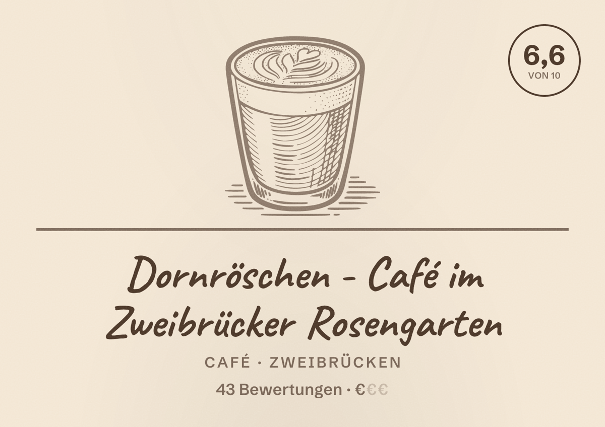 Illustriertes Poster von Dornröschen - Café im Zweibrücker Rosengarten, Café in Zweibrücken: Bewertung 6,6 von 10 aus 43 Bewertungen, Preisniveau €