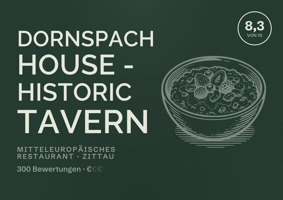 Illustriertes Poster von Dornspach House - Historic Tavern, Mitteleuropäisches Restaurant in Zittau: Bewertung 8,3 von 10 aus 300 Bewertungen, Preisniveau €