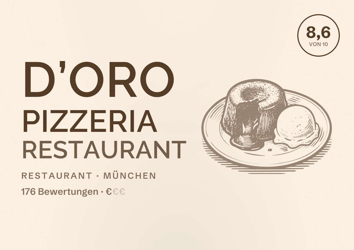 Illustriertes Poster von D’ORO PIZZERIA RESTAURANT, Restaurant in München: Bewertung 8,6 von 10 aus 176 Bewertungen, Preisniveau €