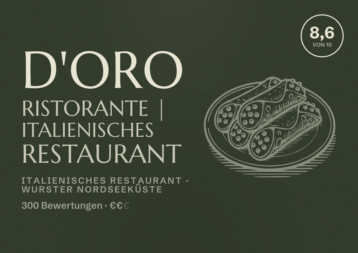 Illustriertes Poster von D'oro Ristorante | Italienisches Restaurant, Italienisches Restaurant in Wurster Nordseeküste: Bewertung 8,6 von 10 aus 300 Bewertungen, Preisniveau €€
