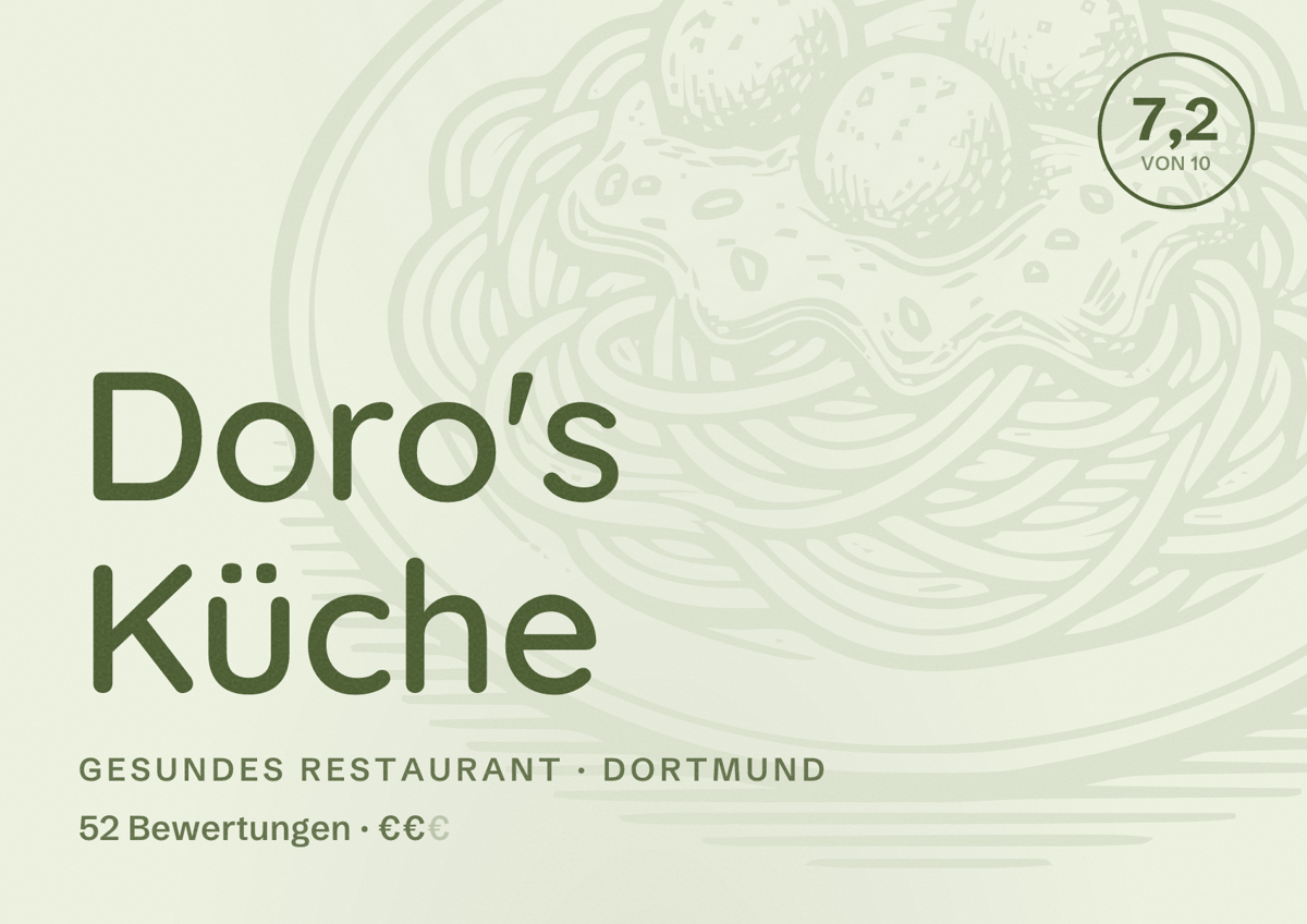 Illustriertes Poster von Doro's Küche, Gesundes Restaurant in Dortmund: Bewertung 7,2 von 10 aus 52 Bewertungen, Preisniveau €€
